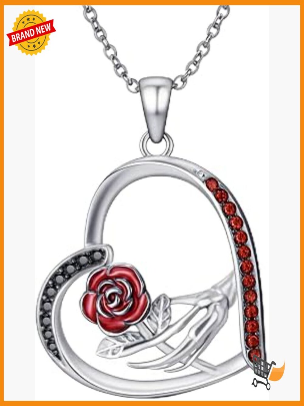 Gothic Skeleton Hand Red Rose Pendant Necklace Sterling Silver Heart